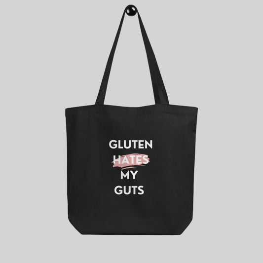 "Gluten Hates My Guts" - 8oz Eco Tote Bag | 100% Organic cotton | Pink stroke design | Front