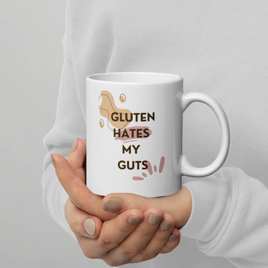 LEFT HANDED - "Gluten Hates My Guts" 11oz White Glossy Mug | Dishwasher and Microwave Proof | Abstract gut and villi design