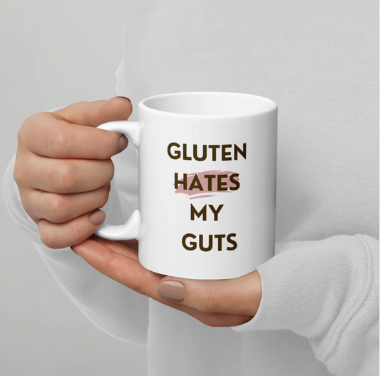 RIGHT HANDED - "Gluten Hates My Guts" 11oz White Glossy Mug | Dishwasher and Microwave Proof | Pink Stroke Design