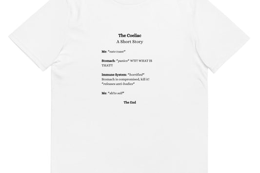 "The Coeliac - A short Story" - Unisex 100% Organic Cotton White T-shirt | White with Black Text | For Men and Women | Front