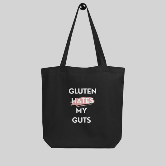 "Gluten Hates My Guts" - 8oz Eco Tote Bag | 100% Organic cotton | Pink stroke design | Front