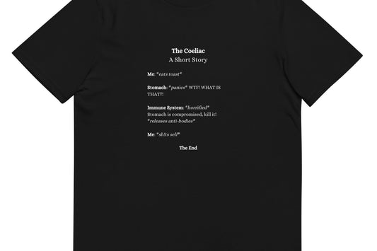 "The Coeliac - A short Story" - Unisex 100% Organic Cotton T-shirt | Black with White Text | For Men and Women | Front