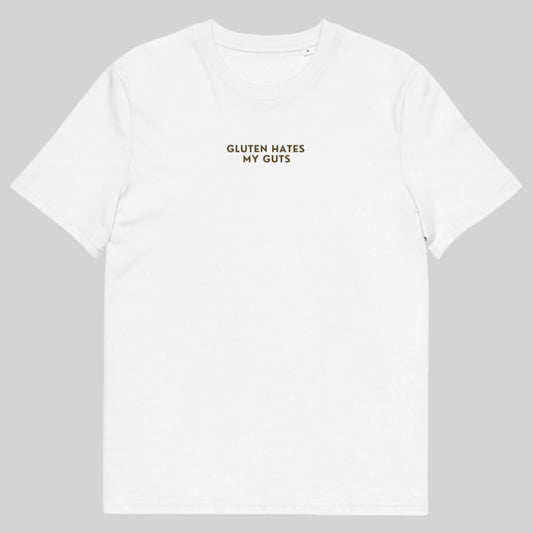 "Gluten Hates My Guts" - Unisex 100% Organic Cotton T-shirt | White with brown text | For Men and Women